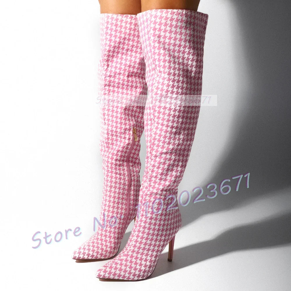 Pink Gingham Knee High Boots Women Trend High Class Print High Heels Shoes Ladies Side-zip Casual Fashion Pointy Winter Boots