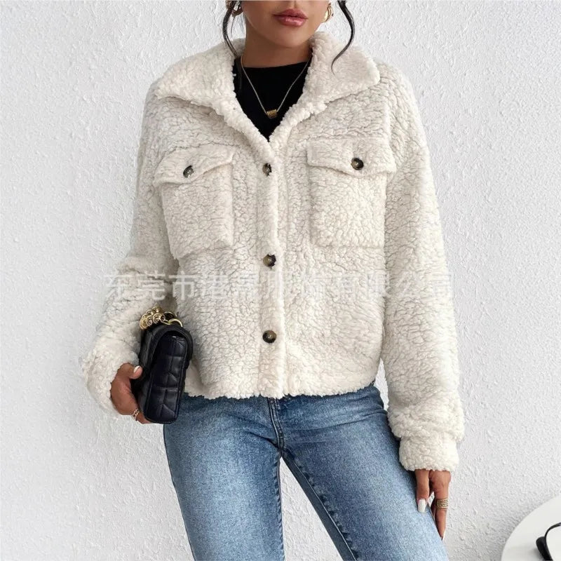 Casual Women's Coats Autumn And Winter Lapel Plush Jacket Short Women Jacket New Fashion White Pockets Tops Coat Streetwear