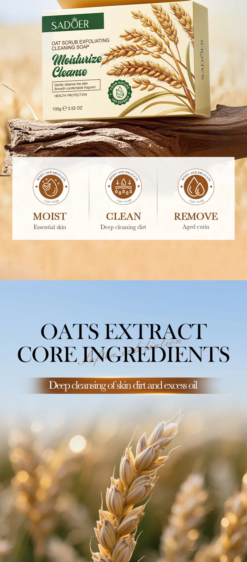 SADOER Oat Scrub Exfoliating Facial Soap Face Wash Foam Facial Cleanser Moisturizing Anti-aging Body Bathing Soap Exfoliator