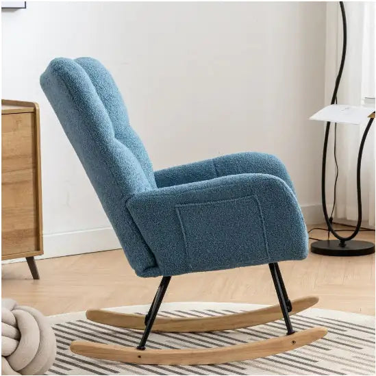 Rocking Chair With Pockets, Soft Teddy Fabric Rocking Chair For Nursery, Comfortable Wingback Golider Rocking Chair