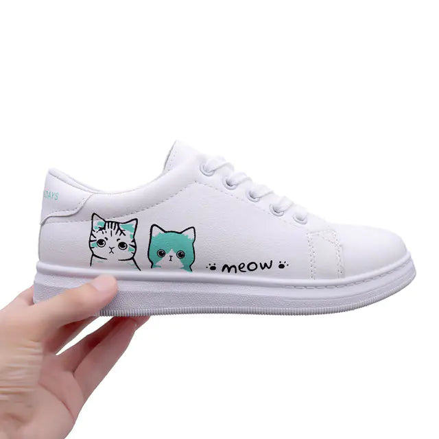 Cute Cat Cartoon Women's Breathable Lace-Up Sneakers