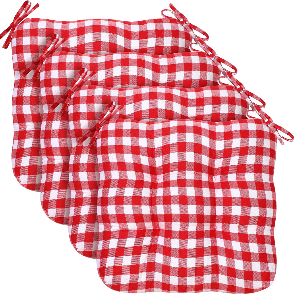Geetery 4 Pack Chair Cushions Dining Kitchen Office Chair Seat Cushion Kitchen Chair Pads with Ties Buffalo Plaid Patio Outdoor Chair Cushions for Dining Outdoor Patio Chair (Red White)