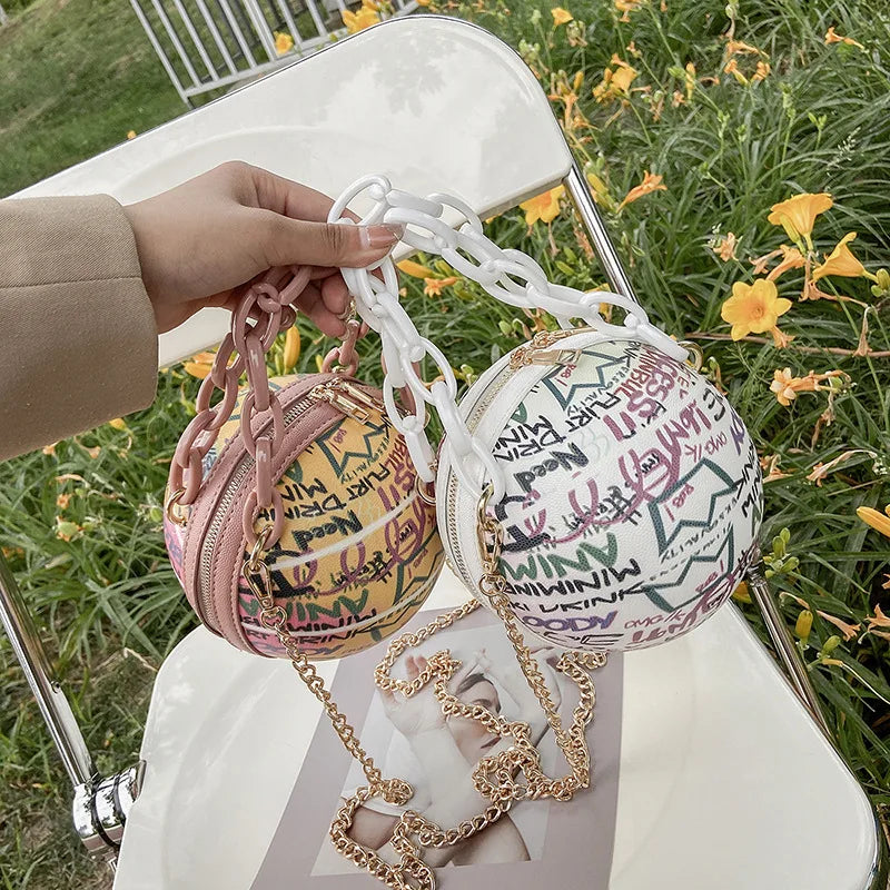 New Summer European and American Graffiti Basketball purse Bag Single Shoulder Crossbody Bag rotundity chain handbag