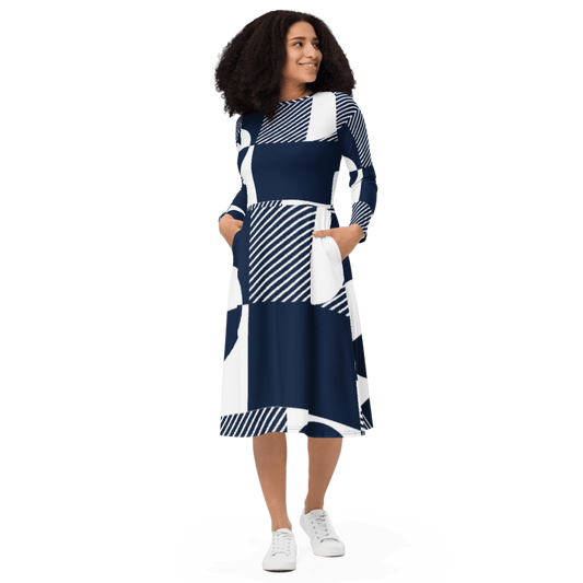 Blue Block All-Over Print Long Sleeve Midi Dress