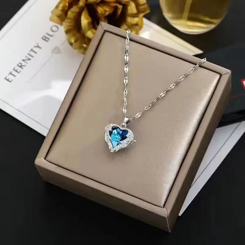 Top Luxury Colorful Crystal Ocean Heart Pendant Necklace For Women Trendy 316L Stainless Steel Jewelry Female Wedding Neck Chain