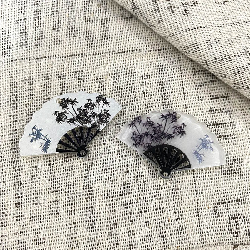 10pcs Chinese Style Transparent Bamboo Fan Charms Acrylic Vintage Pendant For Earring Hairpin Diy Jewelry Make