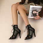 Sexy High Heels Hollow Mesh Sandals Women Summer Cross-tied Peep Toe Heeled Sandals Ankle Strap Dance Shoes Black Net Sandals