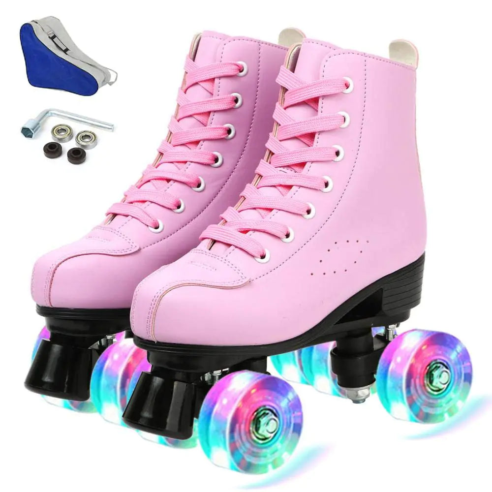 YYW Roller Skates for Women Men Girls Boys High Top PU Leather Classic Double-Row Roller Skates Indoor Outdoor Roller Skates for Beginner (Pink Flash 36-US Women 6/ Youth 5)