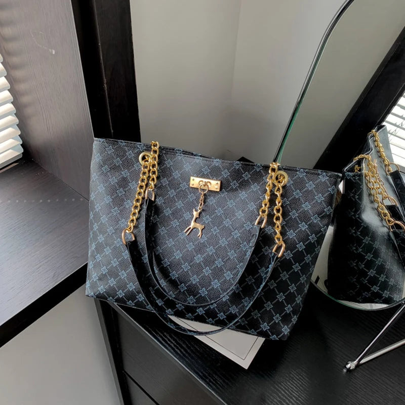 1pcs Fashionable Large Capacity Handbag Texture PU Leather Tote Women Bag with Hanging Accessories Shoulder Bag