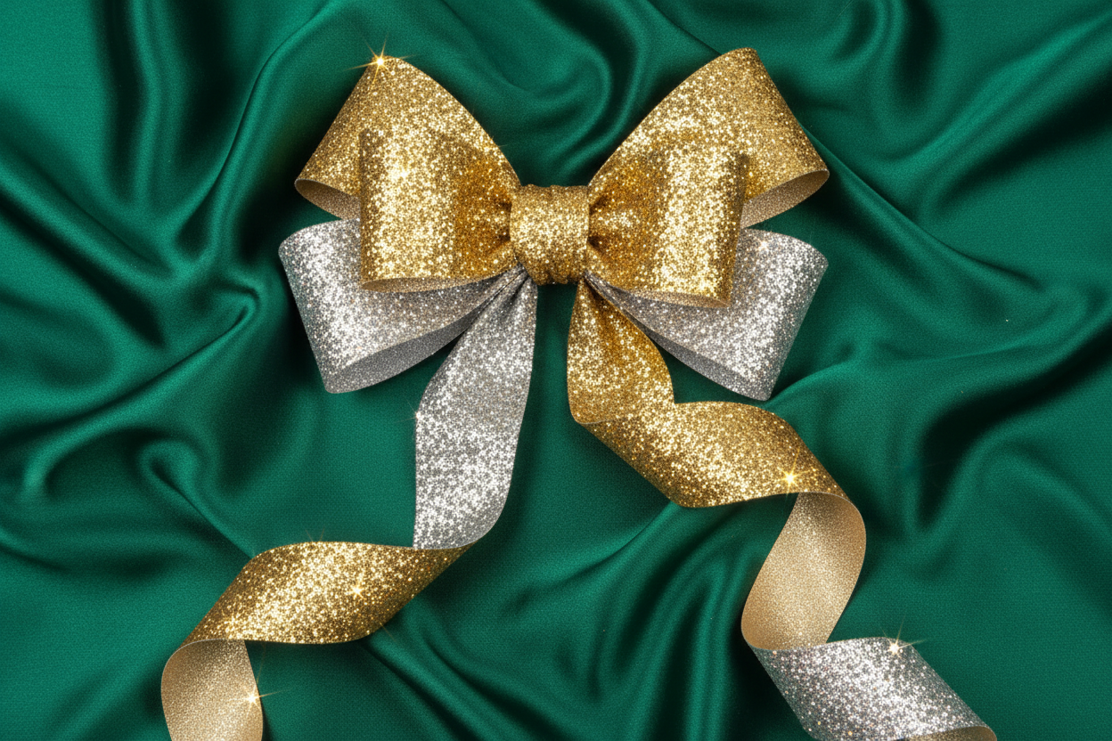 Create a gold and silver glitter bow. The background should be emerald green satin