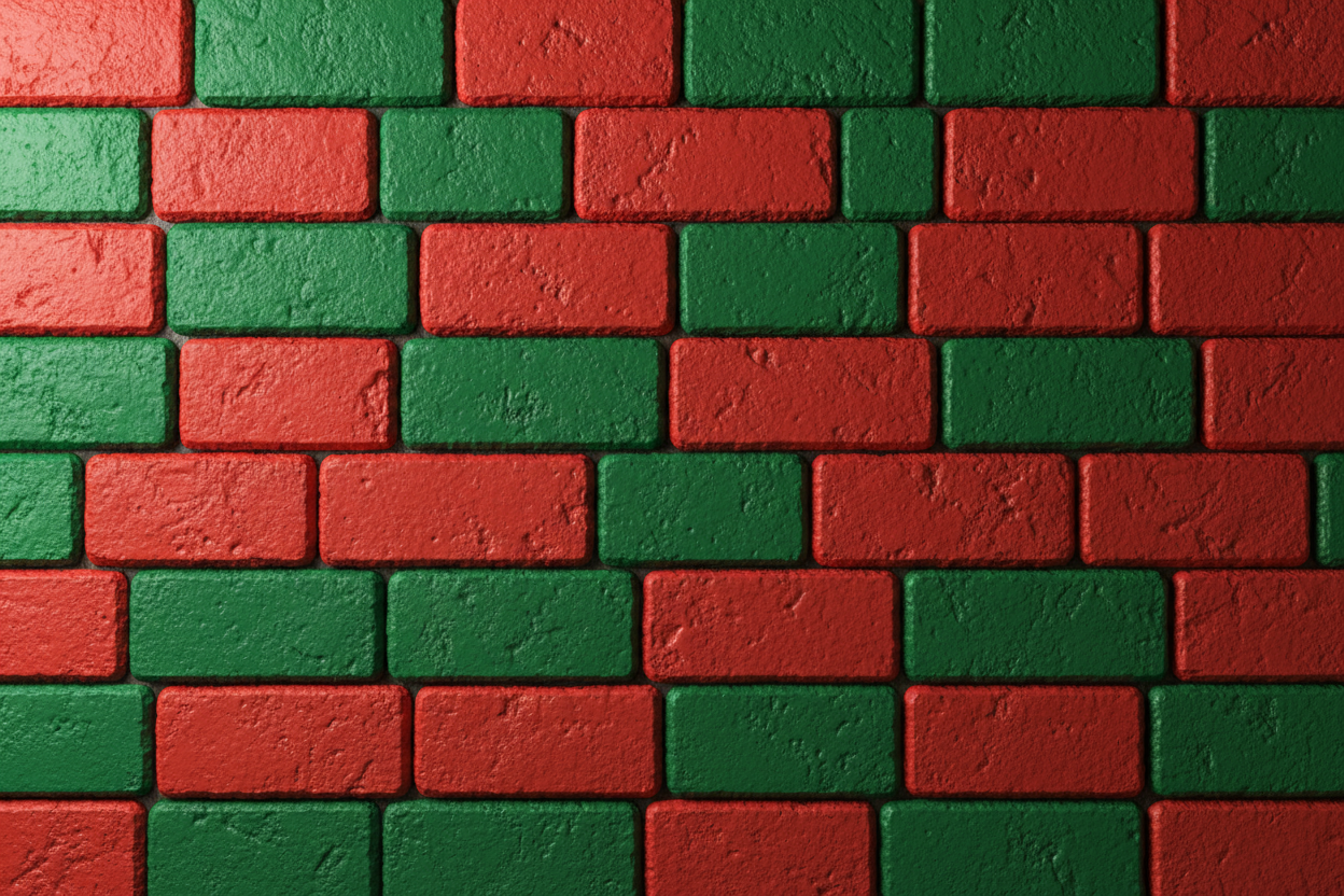 create a holiday background of a brick wall that has emerald green and red colors in 3d