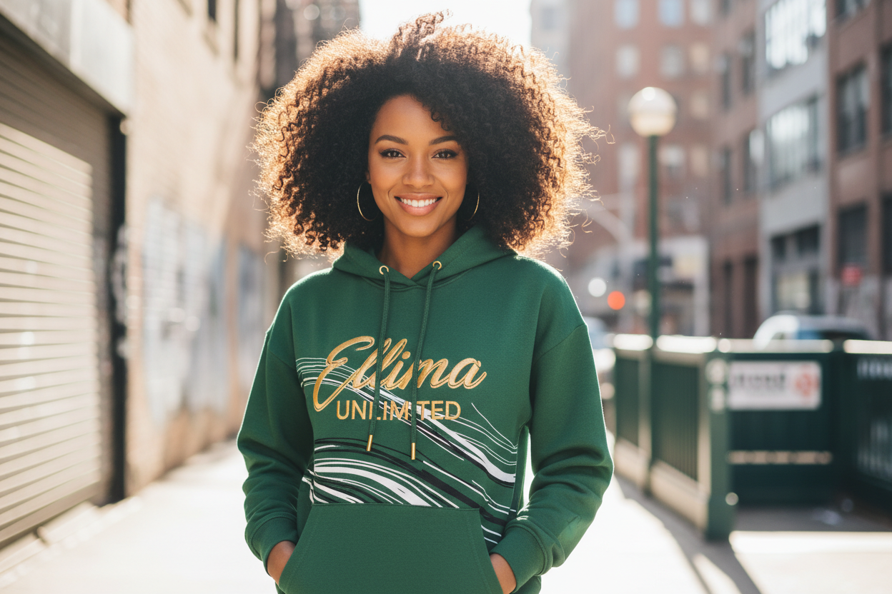 create a woman of color with natural curly black hair wearing one of my hoodies from the branded by ellima unlimited collection