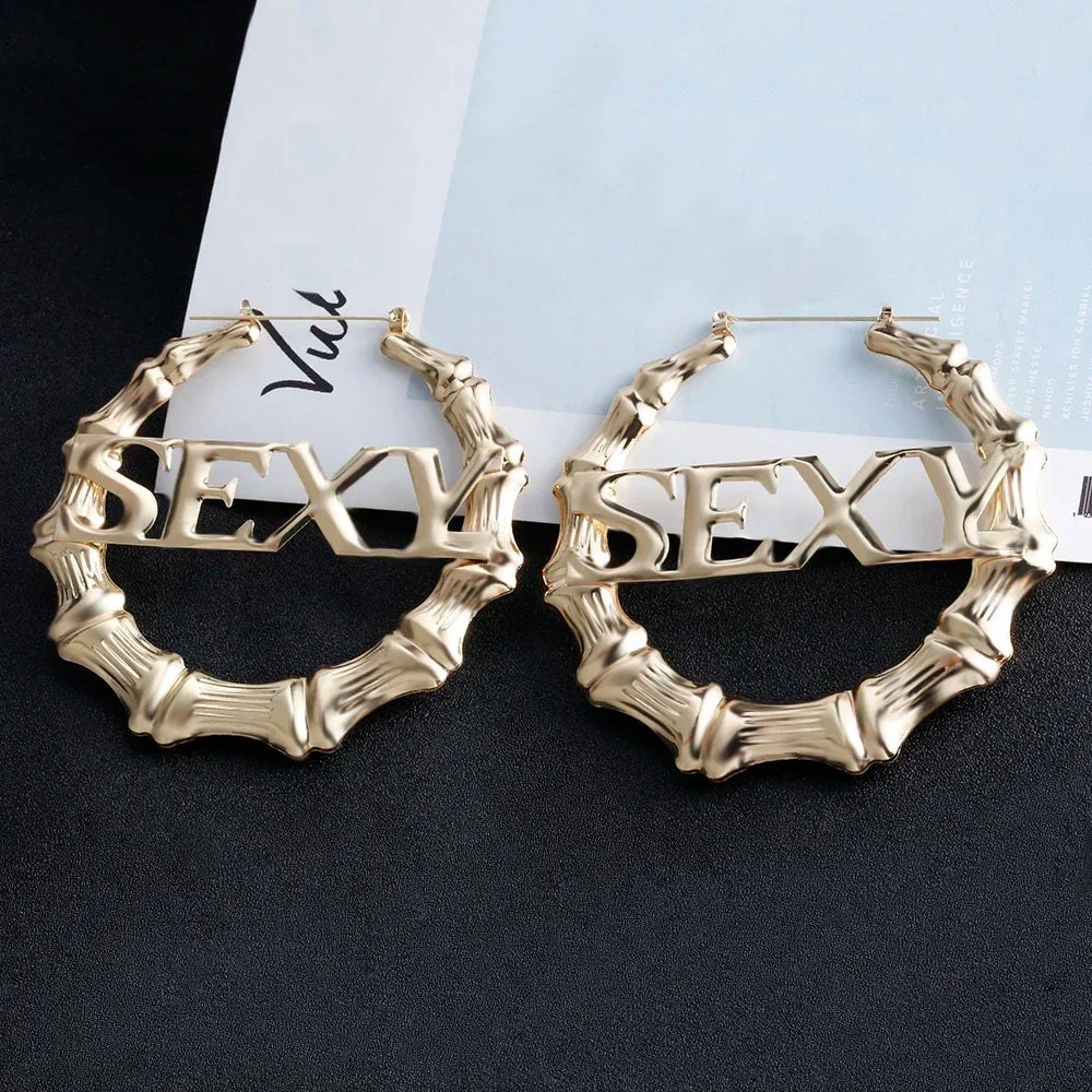 SOHOT Punk Style Bamboo Hoop Earrings Charm Gold Silver Color Letter Sexy Sign Basketball Wives Major Jewelry For Summer Party