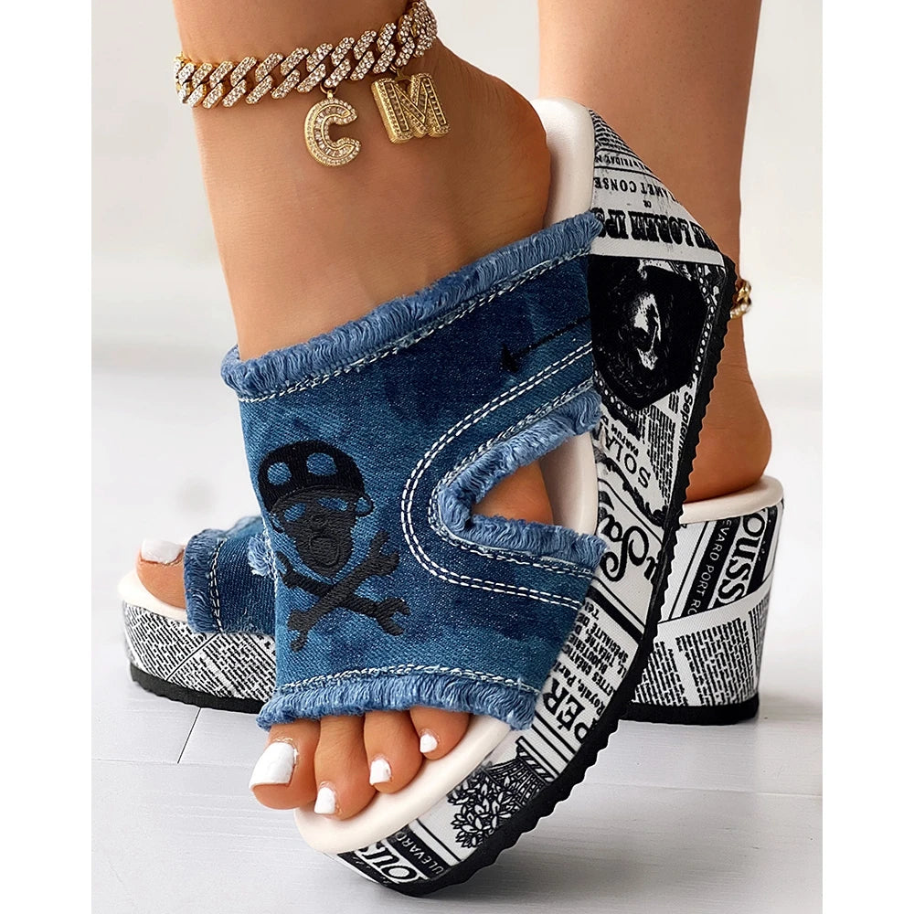 Women Newspaper Skull Raw Hem Platform Wedge Slippers