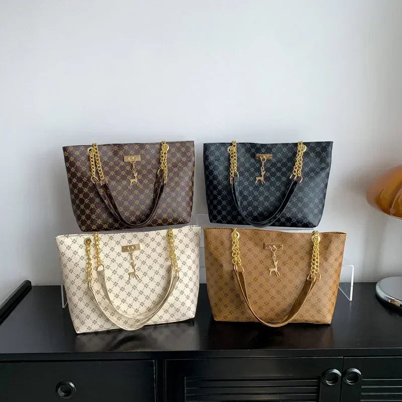 1pcs Fashionable Large Capacity Handbag Texture PU Leather Tote Women Bag with Hanging Accessories Shoulder Bag