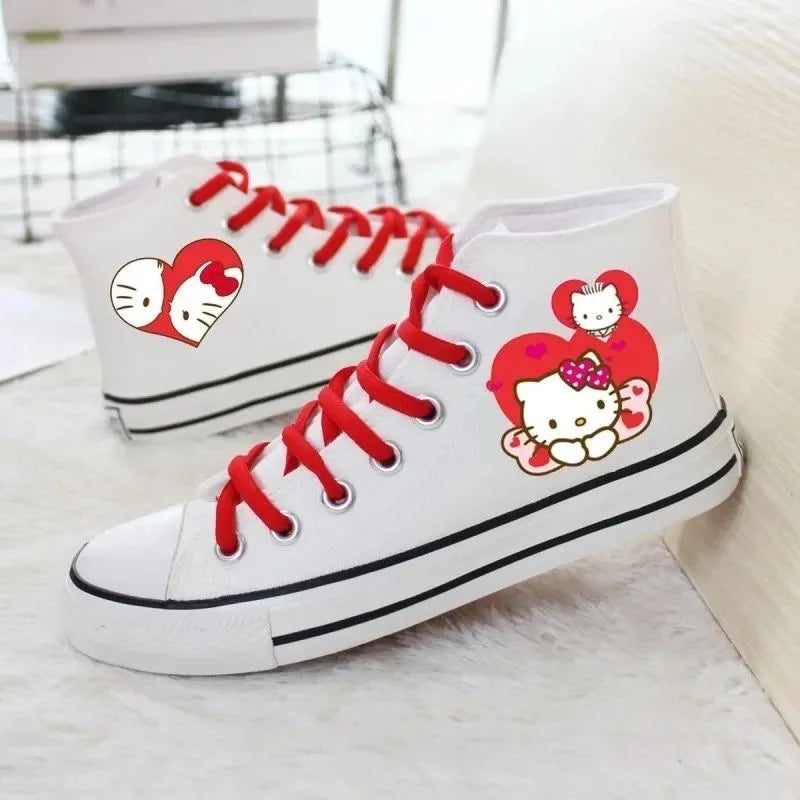 real photos Spring autumn student women's canvas shoes cute Hello Kitty high top board shoes men's couple white casual shoes