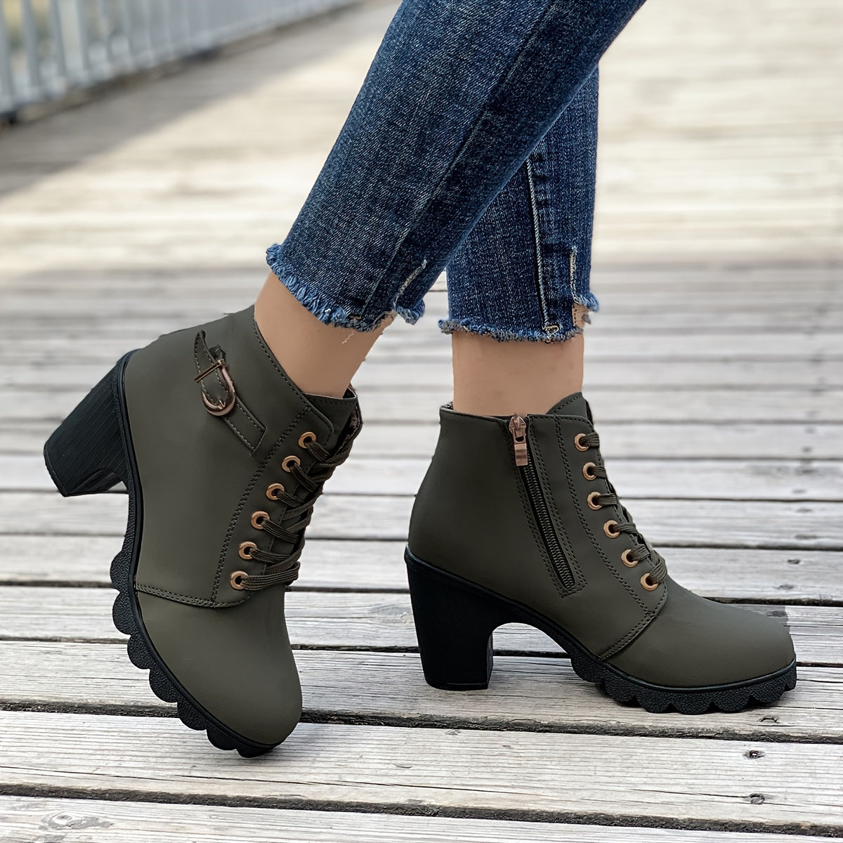 Women's Chunky Heel Ankle Boots - Black Faux Cover Lace-Up Side Zipper Booties with Golden Accents, Cap Toe & Comfortable Block Heel for Casual Outings