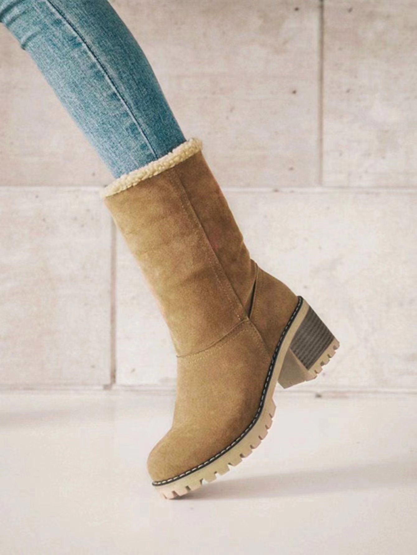 [Faux Fur Lined Boots] Warm Faux Fur Lined Women's Boots - Slip On Block Heeled Ankle Boots - Women's Footwear