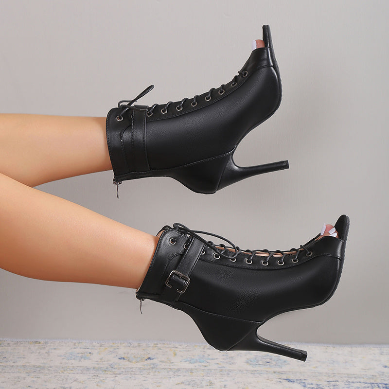 Women's Pointed Toe Lace-up High Heels, Sexy Black Buckle Belt Stiletto Heels Boots, Cross Strap Sandals