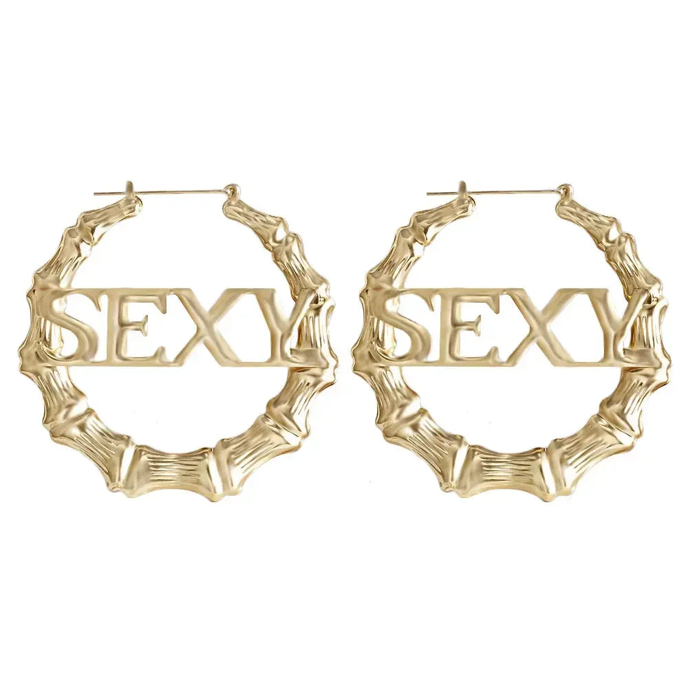SOHOT Punk Style Bamboo Hoop Earrings Charm Gold Silver Color Letter Sexy Sign Basketball Wives Major Jewelry For Summer Party