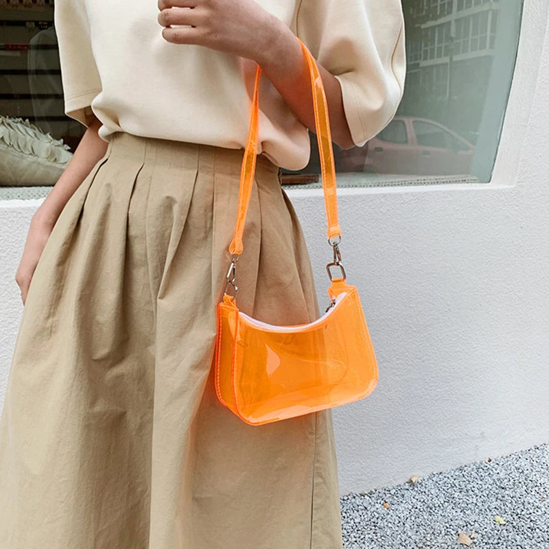 Fashion Vintage Ladies Jelly Solid Color Clear Underarm Bag Casual Women Hobos Handbags Purse Fashion Cell Phone Shoulder Bag