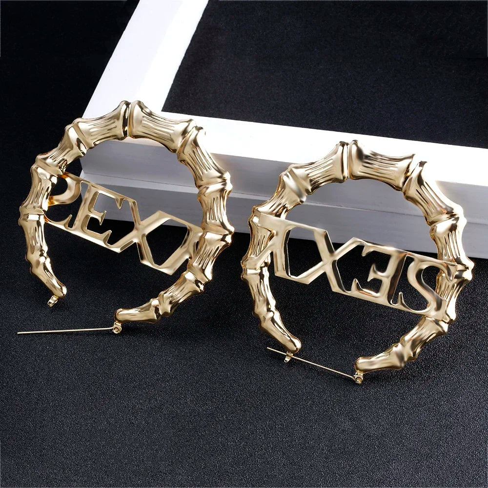 SOHOT Punk Style Bamboo Hoop Earrings Charm Gold Silver Color Letter Sexy Sign Basketball Wives Major Jewelry For Summer Party
