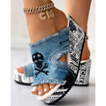 Women Newspaper Skull Raw Hem Platform Wedge Slippers