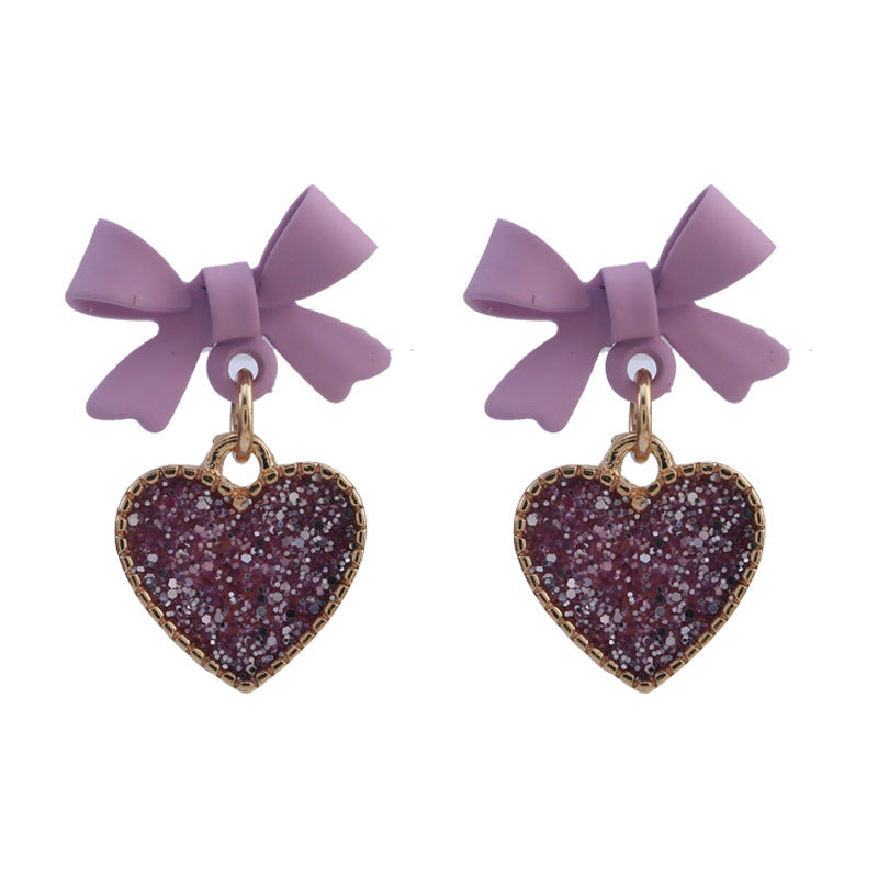 Korean Style Purple Bow Sequin Heart Clip-On Earrings