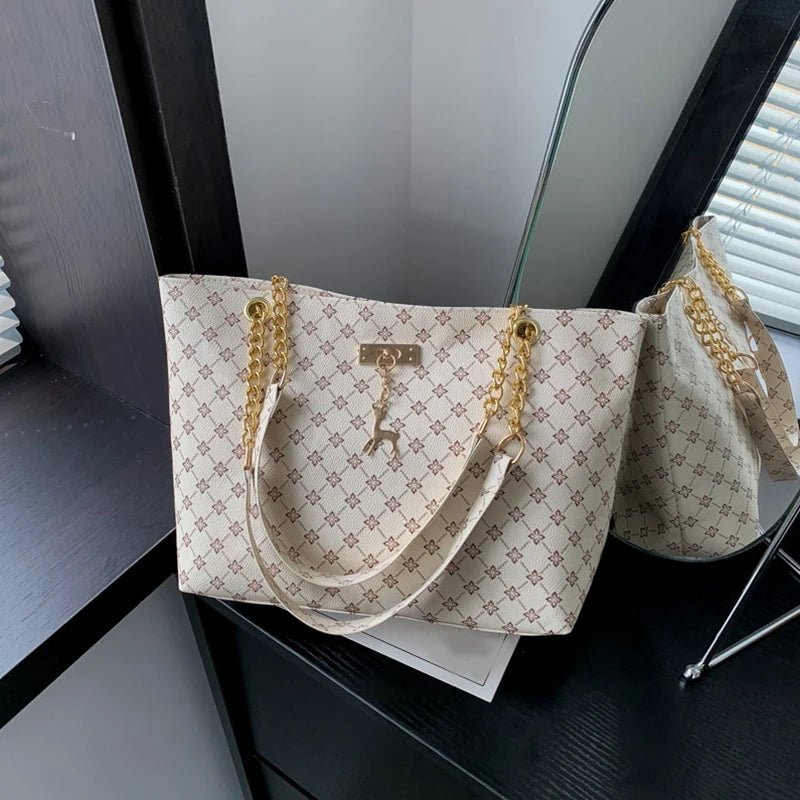 1pcs Fashionable Large Capacity Handbag Texture PU Leather Tote Women Bag with Hanging Accessories Shoulder Bag
