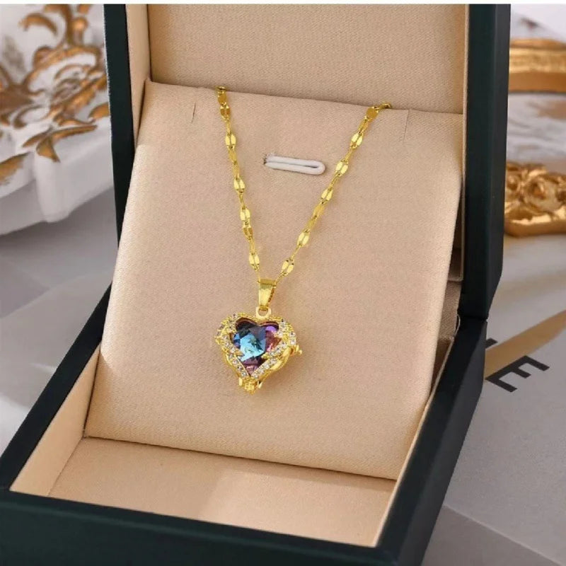Top Luxury Colorful Crystal Ocean Heart Pendant Necklace For Women Trendy 316L Stainless Steel Jewelry Female Wedding Neck Chain