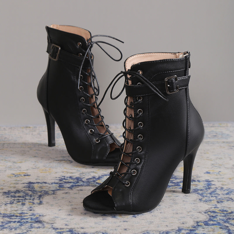 Women's Pointed Toe Lace-up High Heels, Sexy Black Buckle Belt Stiletto Heels Boots, Cross Strap Sandals