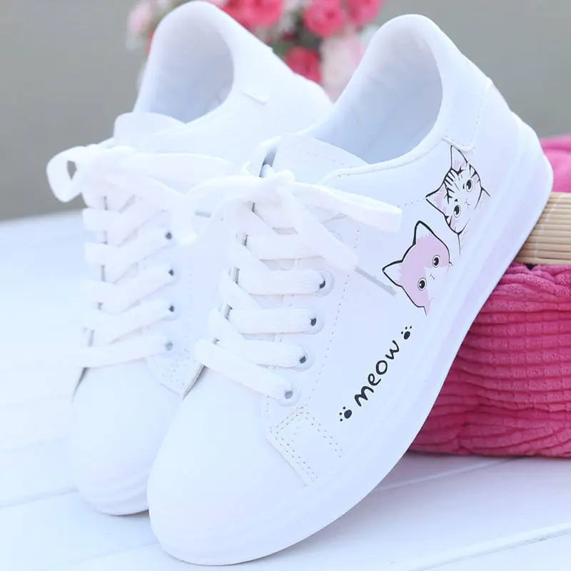 Cute Cat Cartoon Women's Breathable Lace-Up Sneakers