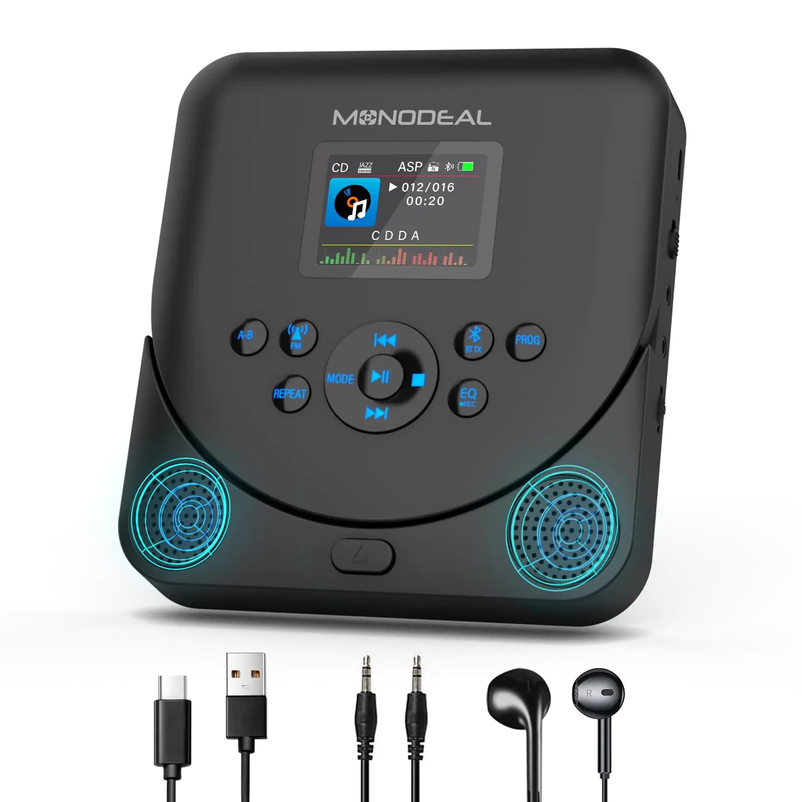 CD Player PortableMONODEAL Bluetooth CD Player with Speakers and FM TransmitterSupport TF CardRechargeable CD Player for Car/Home with 2.0“ TFT Screen