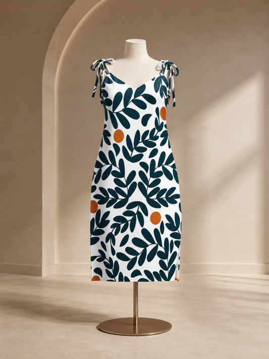 Leafy All-Over Print Slip Dress