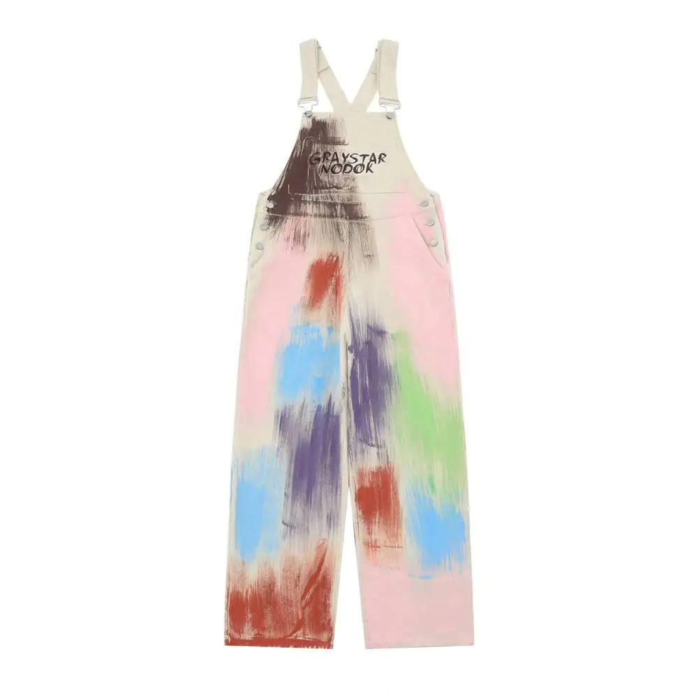 Men's Denim Suspender Pants with Graffiti Design