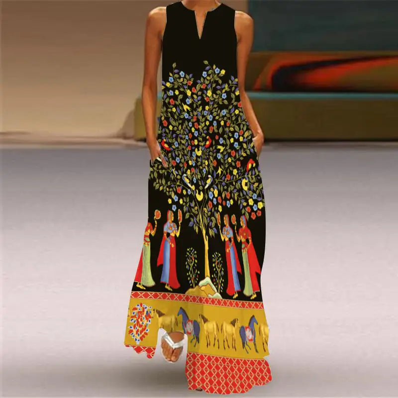 V-Neck Sleeveless Pocket Dress with Digital Print