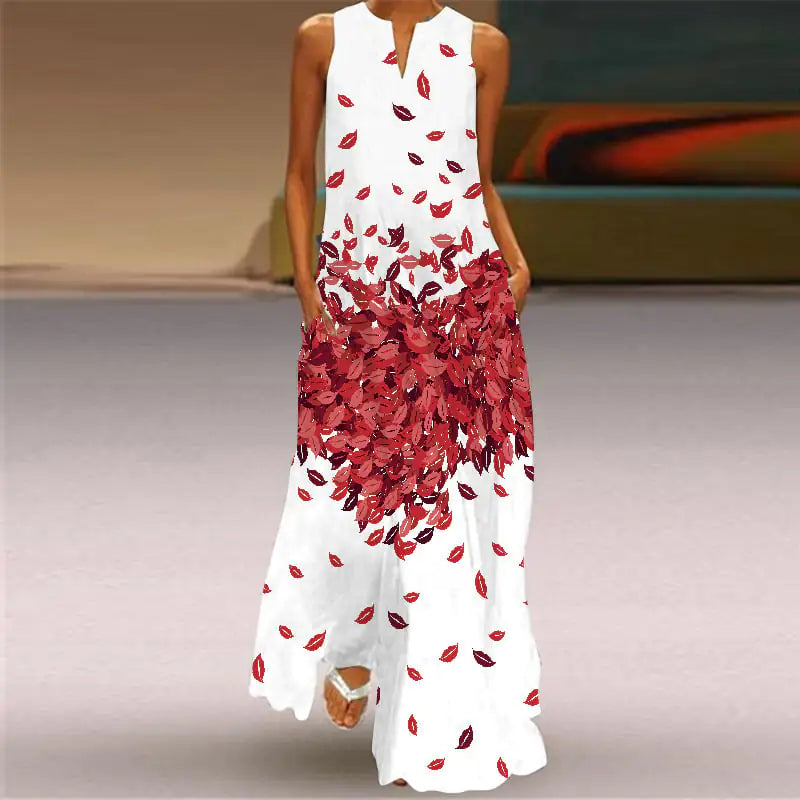 V-Neck Sleeveless Pocket Dress with Digital Print