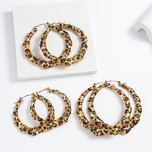 AENSOA 2022 New Punk Leopard Gold Color Round Bamboo Hoop Earrings for Women Bohemia Metal Ring Circle Earrings Popular Jewelry