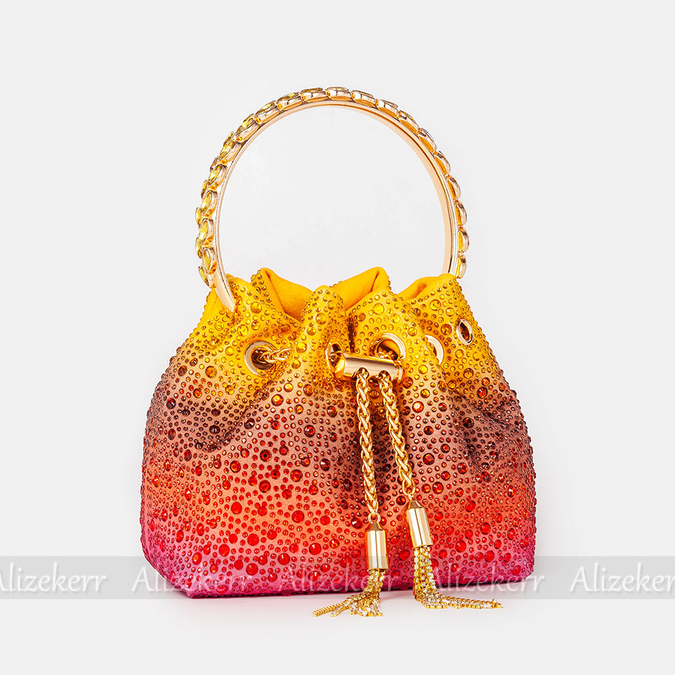 Color Diamond Tassel Bucket Handbags Women 2022 New Luxury Designer Round Metal Handle Crystal Clutch Purse Bridal Wedding Party