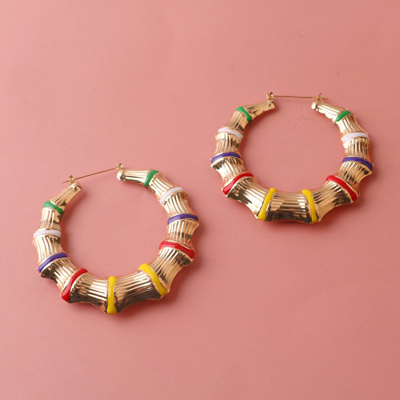8CM Hiphop Big Rainbow Bamboo Hoop Earring Multi Color Enamel Geometric Circle Round Earrings For Women Accessory Party Jewelry