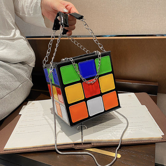Small Handbags For Women Rubik&#39;s Cube Design Women Purse Square  Handbag Mini With Metal Chain Leather Crossbody Bag