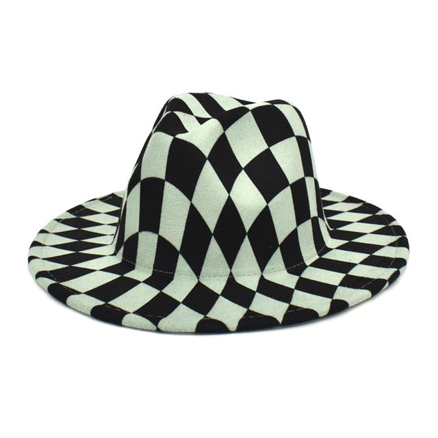 Spring Wool Felt Fedora Hat Unisex Wide Brim Plaid Striped Hats Adult Fashion Trilby Hats Popular Headwear Blend Jazz Man&#39;s Cap