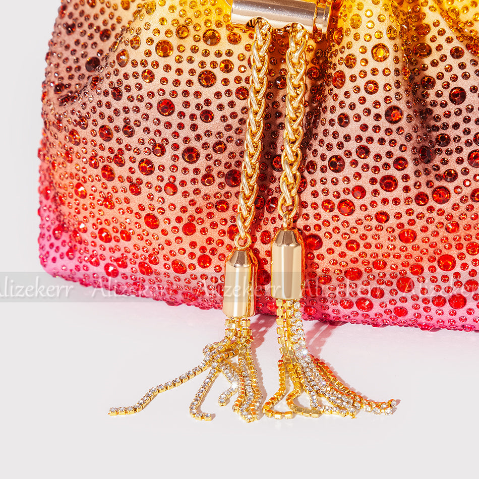 Color Diamond Tassel Bucket Handbags Women 2022 New Luxury Designer Round Metal Handle Crystal Clutch Purse Bridal Wedding Party