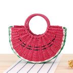 Colorful fruit handbag in cute semi-circular shape. Handmade PVC woven beach straw bag