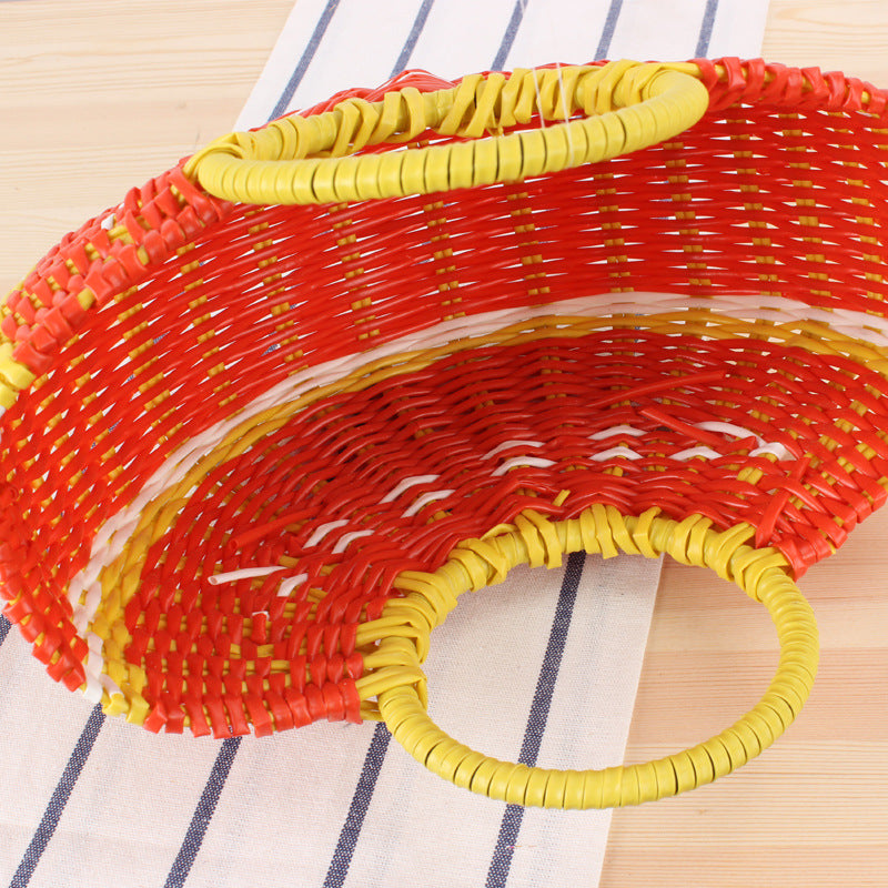 Colorful fruit handbag in cute semi-circular shape. Handmade PVC woven beach straw bag