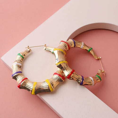 8CM Hiphop Big Rainbow Bamboo Hoop Earring Multi Color Enamel Geometric Circle Round Earrings For Women Accessory Party Jewelry