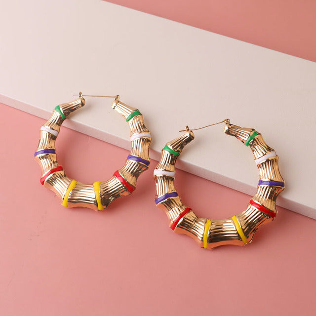 8CM Hiphop Big Rainbow Bamboo Hoop Earring Multi Color Enamel Geometric Circle Round Earrings For Women Accessory Party Jewelry