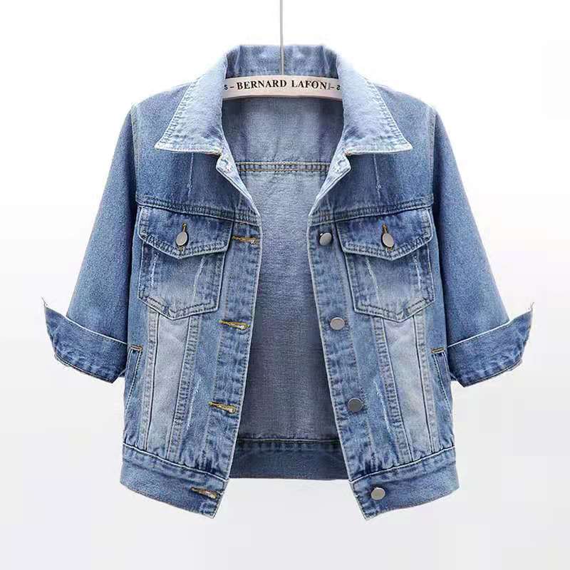Denim Jackets Women Tops Solid Color Short Jean Coat Slim Vintage Casaco Feminino Three-Quarter Sleeve Casual Jaqueta Feminina