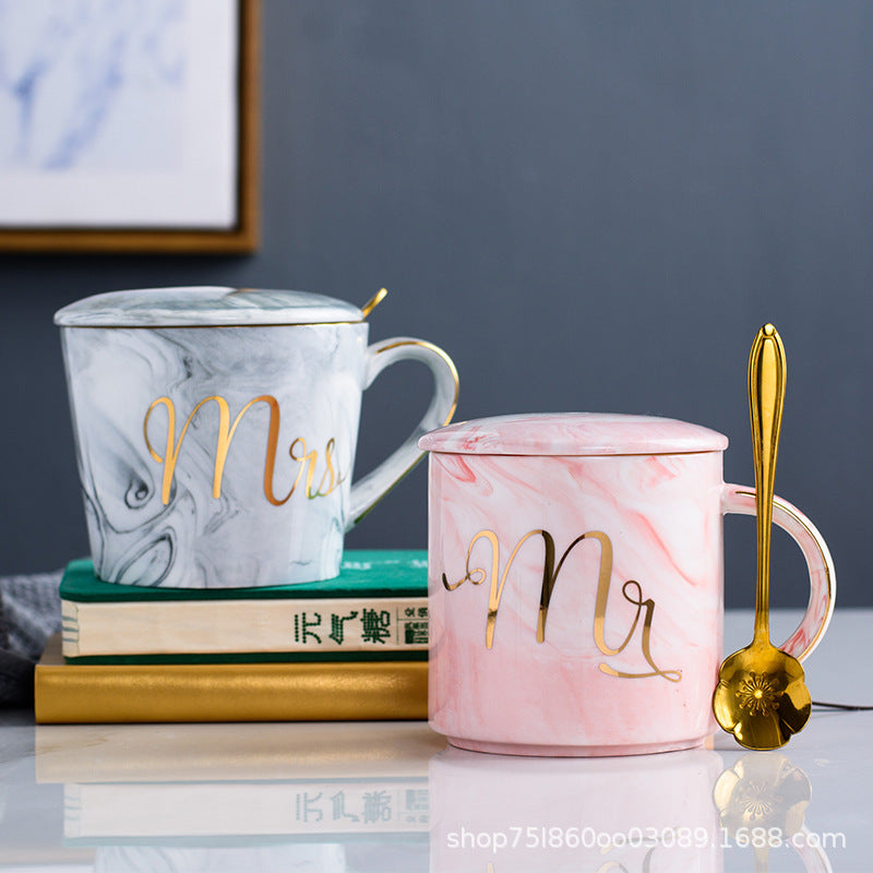 Marble ceramic cup gift box set mug coffee cup couple creative with cover spoon water cup custom gift