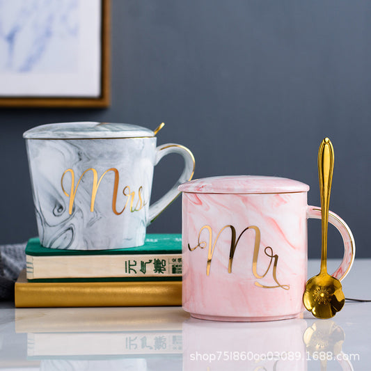 Marble ceramic cup gift box set mug coffee cup couple creative with cover spoon water cup custom gift